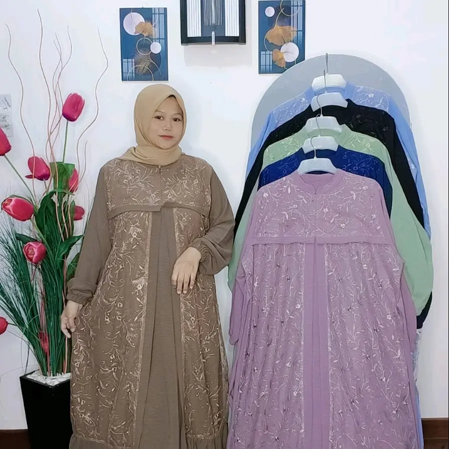 1358#Kanaya dress/gamis wanita jumbo bahan crinkle mix brukat tile#Ld 140 Pj 138#