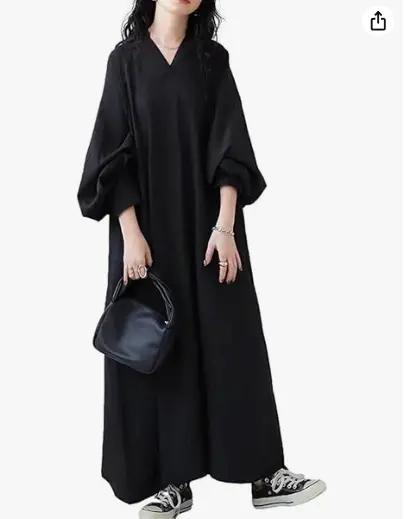 Style One-Piece V Neck Long Sleeve Balloon Sleeve Maxi Length Long Unique  Casual Dress Fit Loose Hem Wanita Navy Hitam Basic Midi