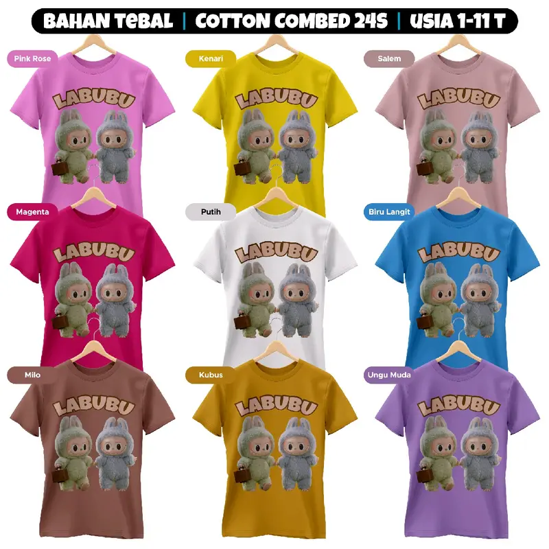 Kaos Anak Cewek Cowok Labubu 2 Katun Combed 24s 1-11 th Kain Tebal Cotton Perempuan 4