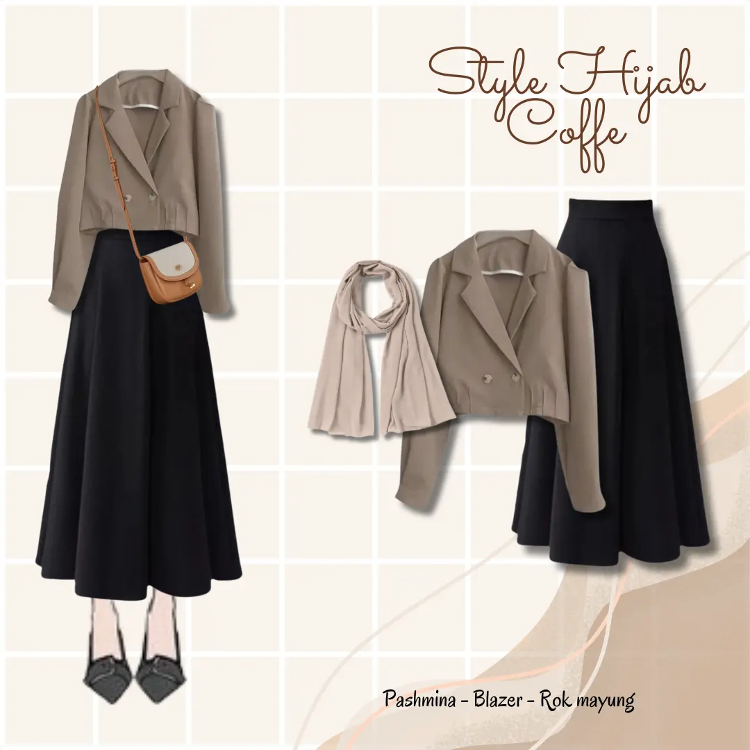 One Set 3 in 1 Style Hijab Coffe Pashmina - Blazer - Rok mayung Ootd Cewek Remaja Modis Elegan BC41