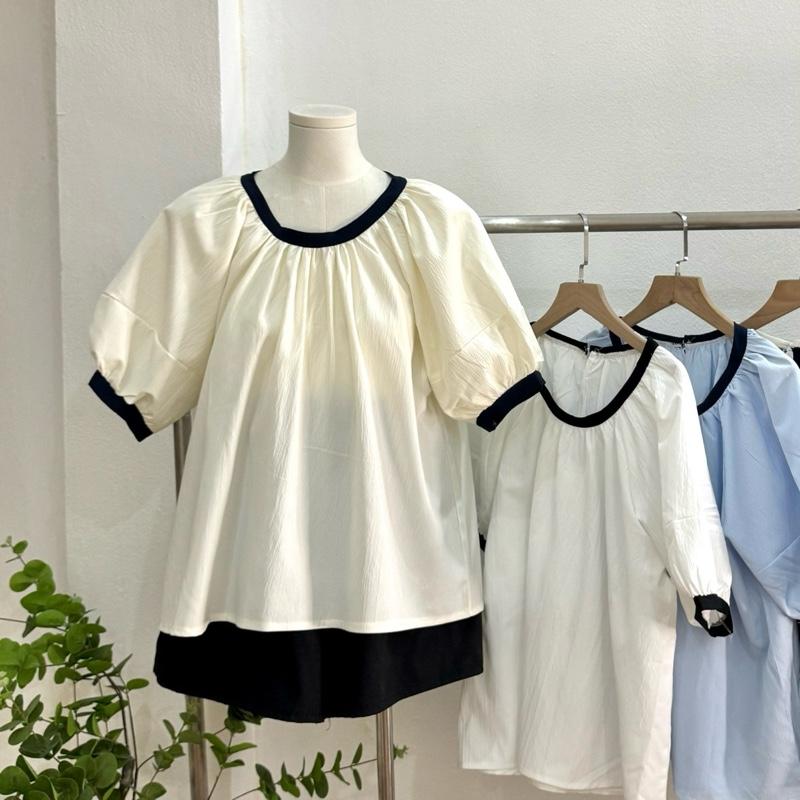 Sét Áo cộc tay nữ cổ phối viền tay phồng dáng rộng freesize kèm quần short basic by Halinh M306