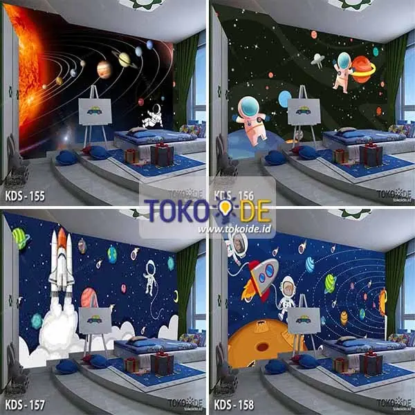 Wallpaper Dinding Custom 3D Anak laki cowok Astronot Walpaper Planet Antariksa Sticker Galaxy Langit Stiker Luar Angkasa 0