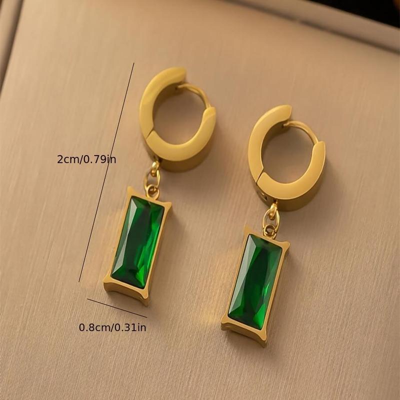 Product Introduction of 3 piece elegant minimalist necklace and earrings set, gold tone snake chain rectangular emerald green cubic zirconia pendant and hoop earrings 9