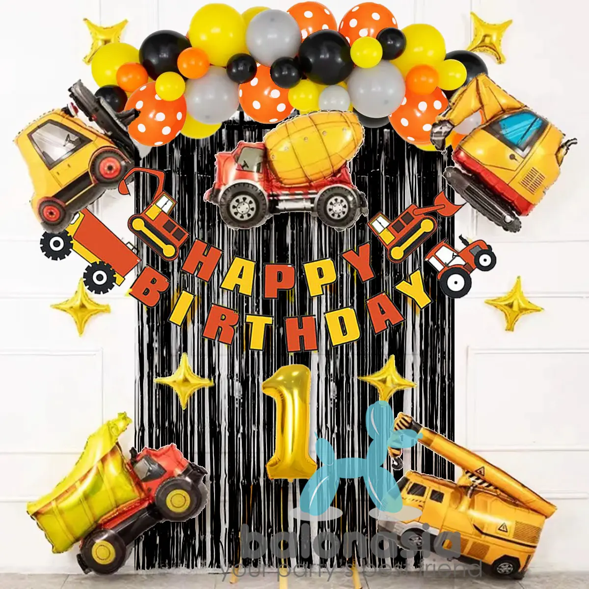 Paket Balon Dekorasi Konstruksi Excavator Ulang Tahun Anak Happy Gold Kuning