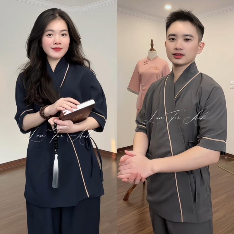 Đồ lam đi chùa pháp phục TRÍ TỊNH nam/nữ vạt chéo vải Đũi Nhật cao cấp mềm mát