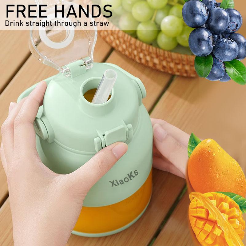 Product Introduction of Xiaoks 500ML portable juicer: Dual - lid, 14 - leaf 18000RPM blade for smooth juice. Handle, straw for outdoor use. Safe, long - lasting battery, multi - charge for fresh juice anywhere. 22