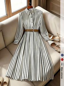 Vestido casual a rayas para mujer, estilo vintage francés, con botones y cinturón, nuevo vestido camisero a rayas, ajustado, vestido de fiesta, vestido de primavera, sin accesorio de cinturón