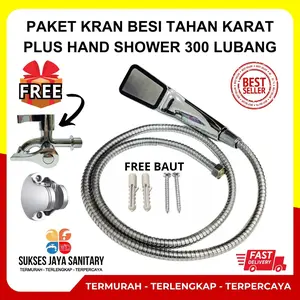 4 IN 1 Paket Kran Besi Tahan Karat Plus Hand Shower 300 lubang komplit Keran Air Selang kamar mandi kecil