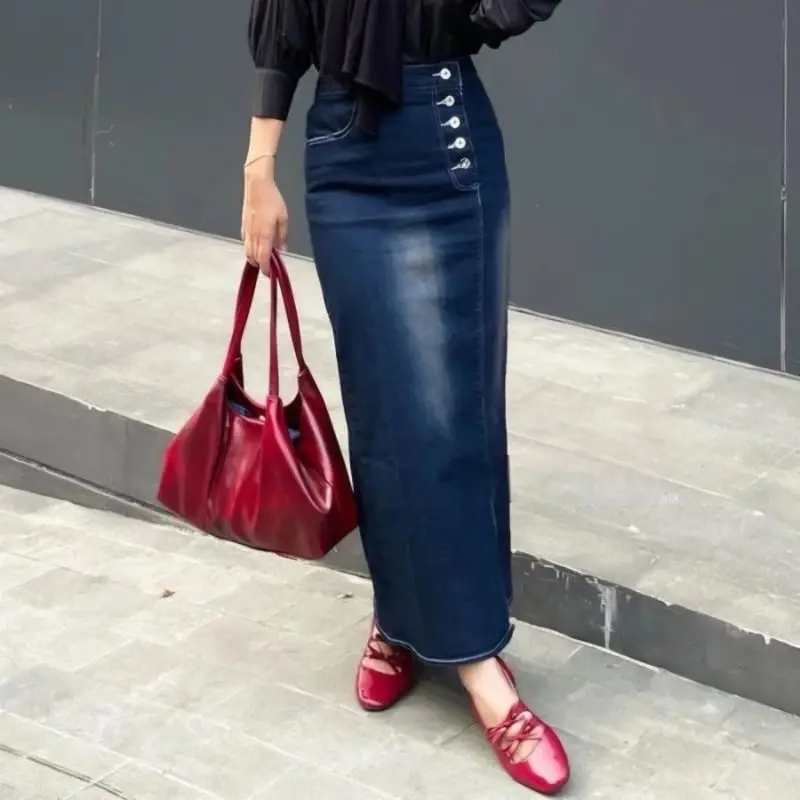 Rok Jeans Panjang Rebecca Highwaist untuk Wanita - Celana Dewasa Kancing 2