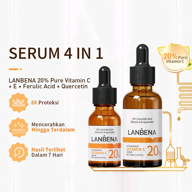 [BPOM] LANBENA 20% Vitamin C Murni Serum Kulit Pencerah/Perawatan Kulit Pemutih 7 Hari /Whitening Brightening SKIn Care 15ml/30ml  NO BPOM: NA11231900031     INFORMASI PRODUK:  BRAND: LANBENA ANTIOXIDANT VITAMIN C SERUM Mencerahkan Wajah Mengencangkan 5