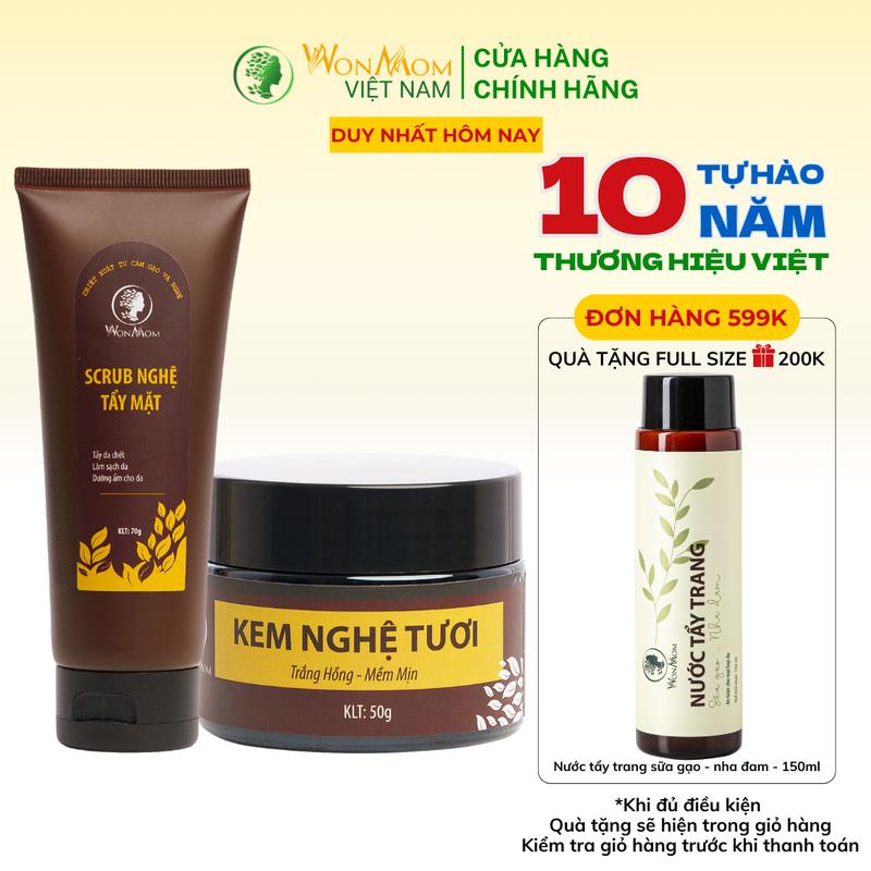 Combo 2 Món Skincare Hỗ Trợ Dưỡng Trắng Sáng Mờ Thâm Nám, Tàn Nhang & Scrub Nghệ Tẩy Tế Bào Chết Wonmom ( 1 Kem nghệ tươi + 1 Scrub nghệ tẩy mặt )