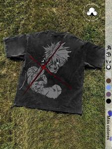 Camiseta de corte holgado con estampado de personaje de anime para hombre, cuello redondo y lavada, top vintage de moda urbana para todas las estaciones, camiseta gráfica para uso diario