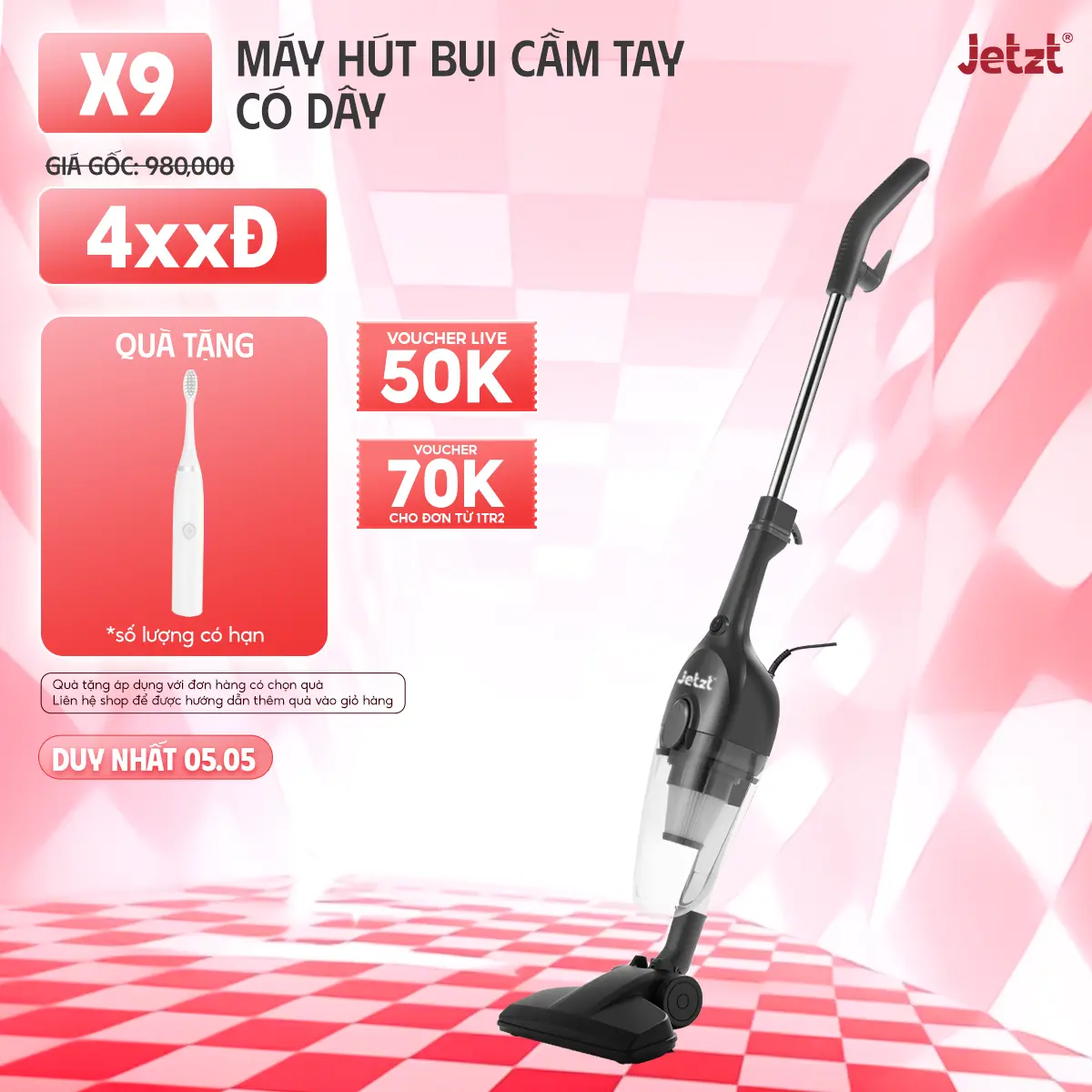 [FLASH SALE] Máy hút bụi cầm tay có dây JETZT X9, lực hút 19000PA, khả năng làm sạch vượt trội