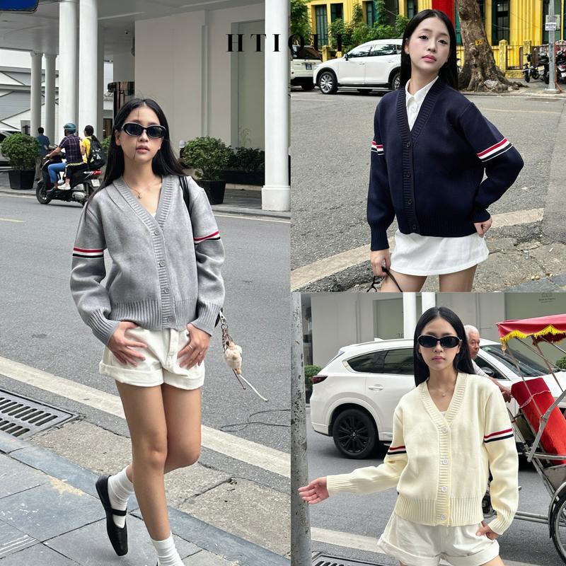 BST Thu Đông HTIQUE DEAL mở bán Áo khoác cardigan dệt kim 3 sọc Áo khoác len dệt kim ba màu girl phố LA07