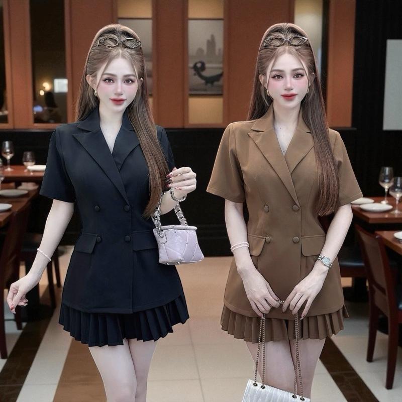 VP Set áo váy CRAZYTEEN S6562 gồm áo vest dáng dài tay ngắn form a suông và chân váy dập ly để đi chơi Áo kiểu nữ Chân váy Set đồ nữ đi chơi