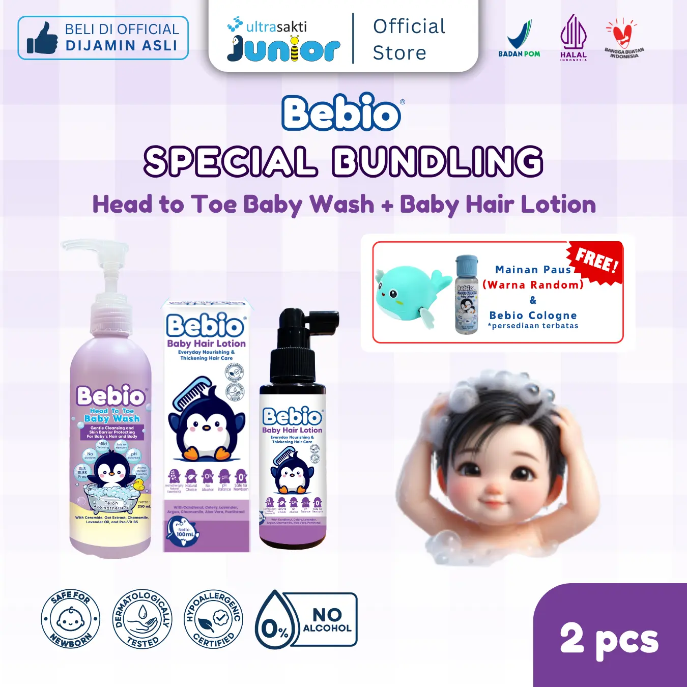 BEBIO SPECIAL BUNDLING (1 Hair Lotion 100ml+1 Head to Toe Baby Wash 250ml) Free Gift