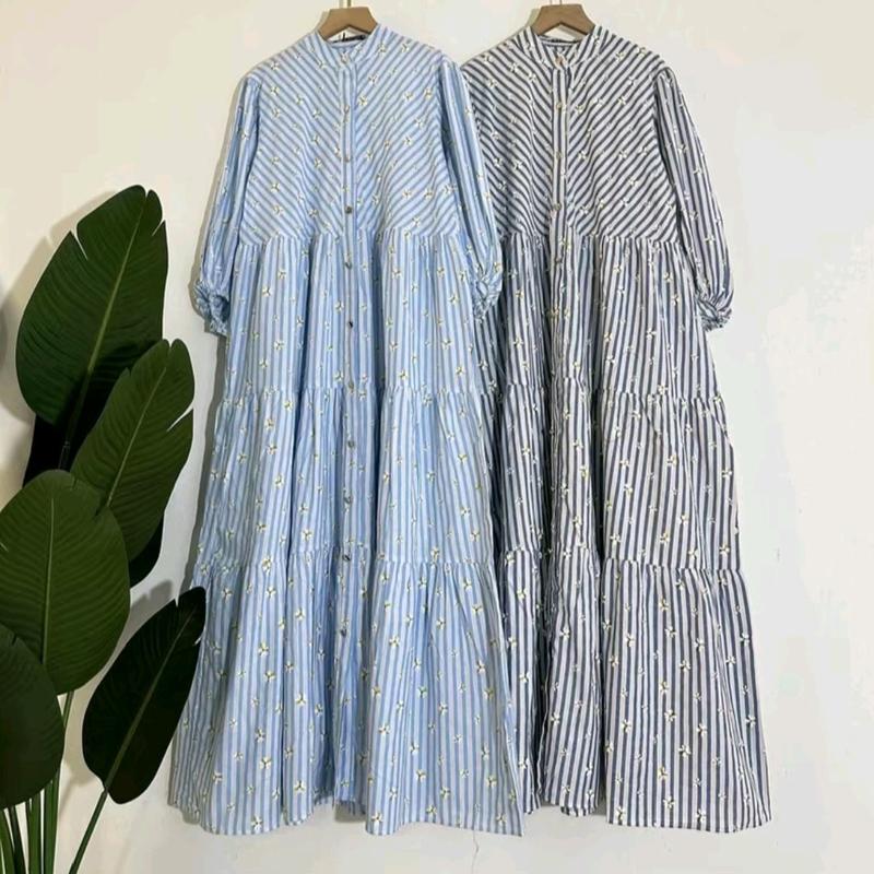 Dress  Silang ZR salur lengan balon Katun 0
