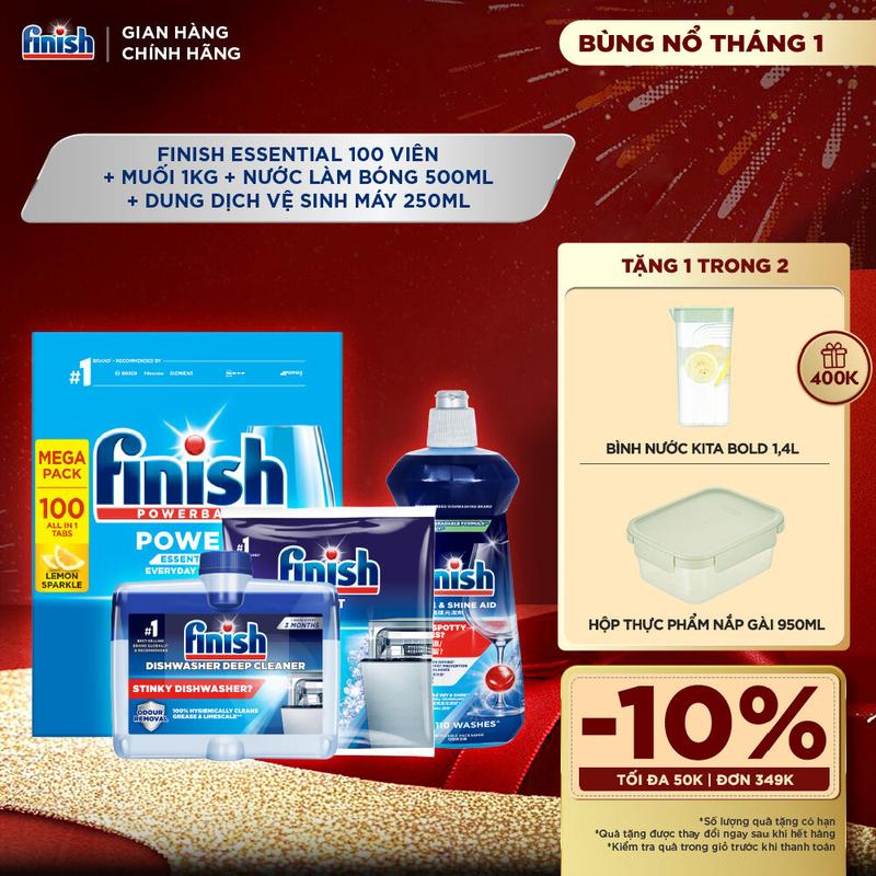 Combo Finish toàn diện 2: Hộp 100 Viên Rửa Bát Essential + Nước Làm Bóng Finish 500ml + Muối Rửa Chén Finish Salt túi 1kg + Dung dịch vệ sinh máy