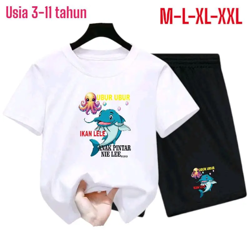 Setelan KAOS Anak Laki-laki Atau Perempuan Usia 3-11Thn UBUR2 IKAN LE2 ANAK PINTAR NIH Lee Kaos Lengan pendek Dan Celana Pendek Fashion