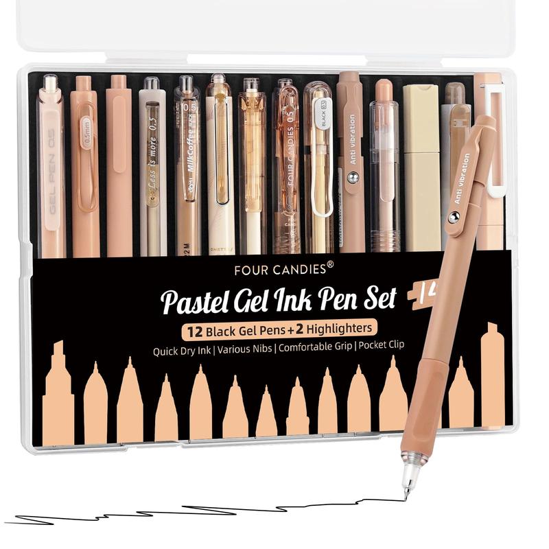 [Four Candies] Bộ Bút 14 Món Kèm Hộp Đựng, Ghi Chú Dễ Thương, 0.5Mm, Điểm Mịn Có Thể Thu Vào, 12 Chiếc, Bút Mực Đen Với 2 Bút Đánh Dấu Cho Trường Học, Ghi Chú, Viết, Đồ Dùng Văn Phòng