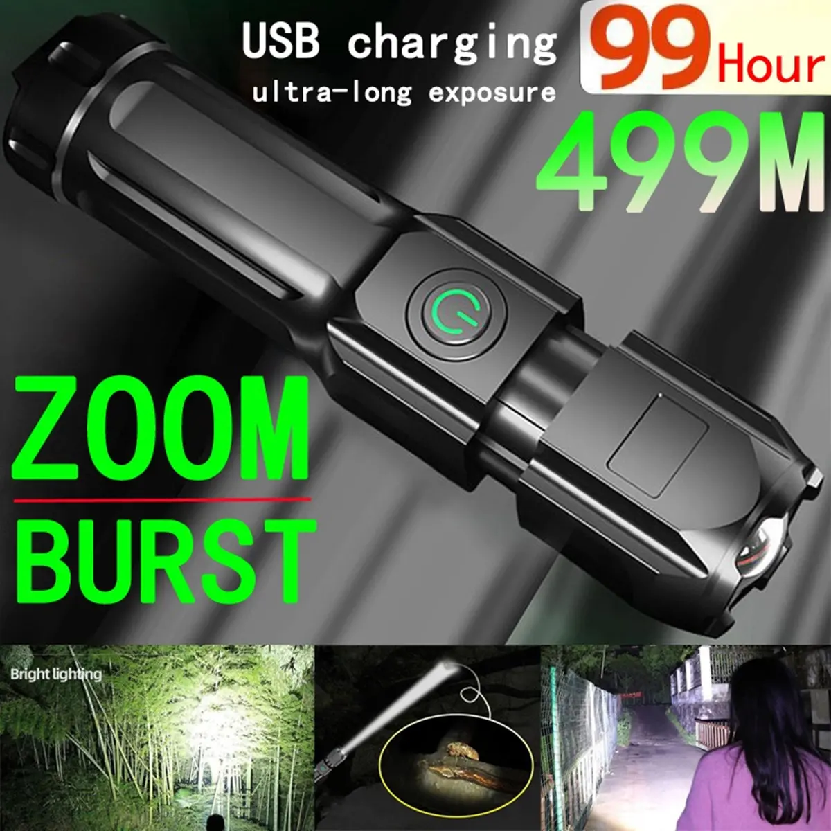 Senter Portabel Luar Ruangan Lampu Kuat Senter Taktis Sinar Zoom Isi Ulang Daya Tinggi Lampu Luar Ruangan Senter LED Baterai Hitam Strobo