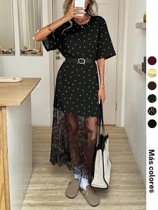 Vestido de encaje casual holgado, color sólido, cuello redondo, mangas cortas; adecuado para salidas, desplazamientos, aeropuerto; estilo “old money”; vestido para salir, maestra; vestidos elegantes para mujer (cinturón no incluido).