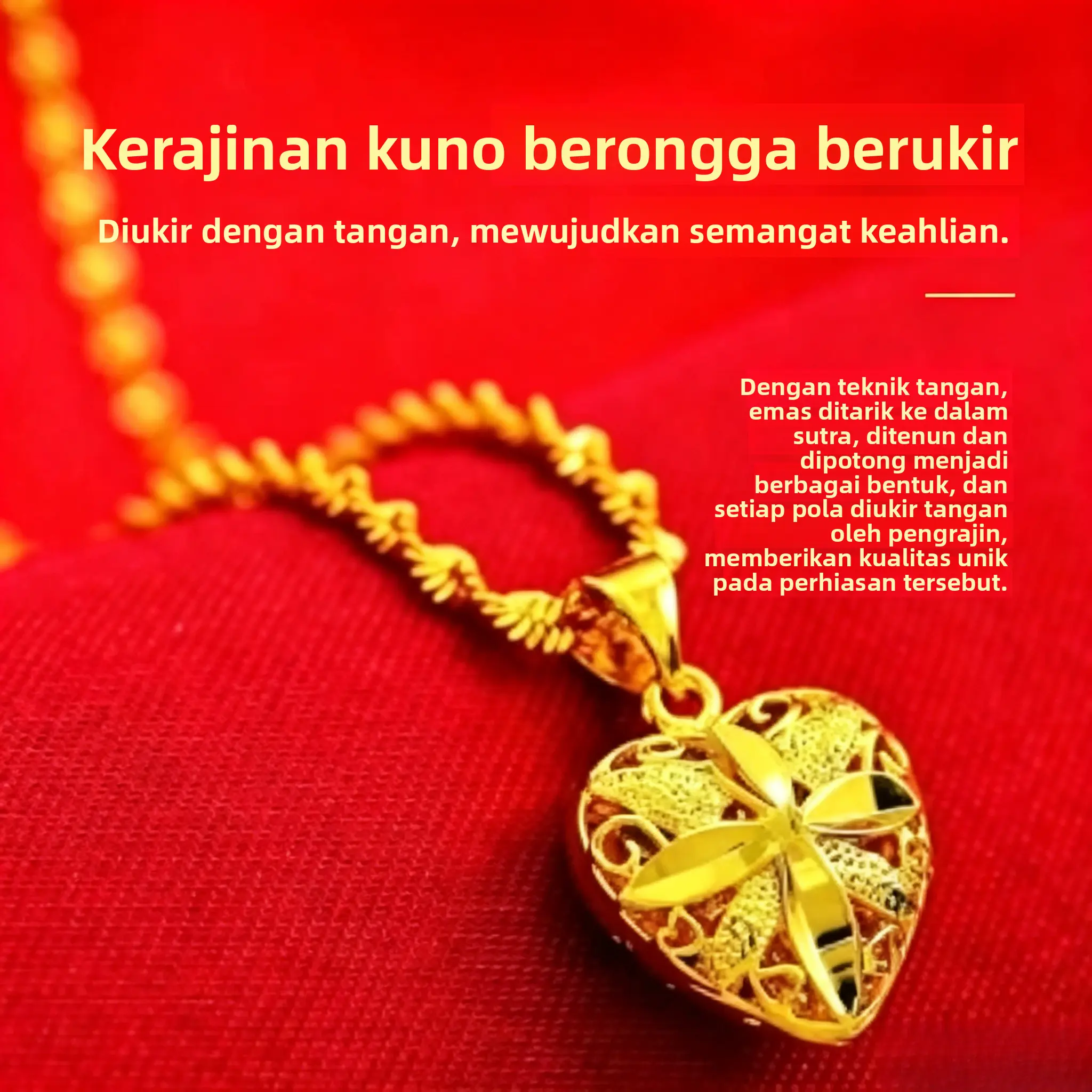 Liontin emas antik berbentuk hati dengan ukiran filigree, kalung emas murni berbentuk semanggi berdaun empat yang membawa keberuntungan – hadiah untuk pacar, ibu, atau diri sendiri.