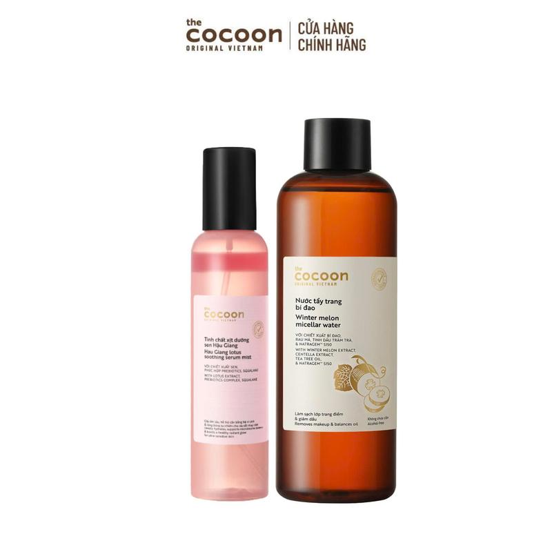 COMBO Tinh chất xịt dưỡng sen Hậu Giang giúp cấp ẩm sâu cân bằng hệ vi sinh & căng bóng tự nhiên cho da rất nhạy cảm Cocoon 200ml + Bigsize Nước tẩy trang bí đao 500ml