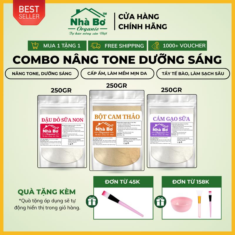 #1 BestSeller - Có HDSD Combo 3 gói x 250g Bột Đậu Đỏ Sữa Non + Bột Cam Thảo + Bột Cám Gạo Sữa - Giúp Dưỡng Trắng Cấp Ẩm Làm Mềm Mịn Da Mặt và Body | Nhà Bơ Organic