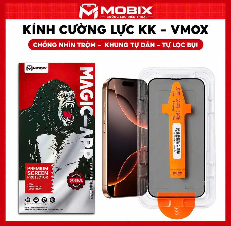 Kính Cường Lực MOBIX KINGKONG GLASS Chống Nhìn Trộm Có Khung Tự Dán Cho Điện Thoại