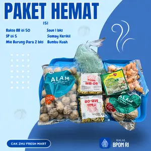 Paket Baso HEMAT, isi 50+5 butir, serta dapat mie, soun, bumbu kuah, dan siomay kering