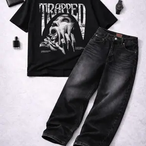 Setelan kaos TRIPED dan celana jeans pria wisker skena Gombrong -desain modis