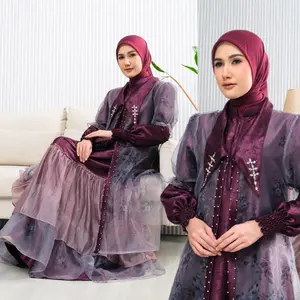 Qistina Series 12 Gaun & Outer Bisa Dilepas Pasang Gamis Wanita Elegan Busana Muslim Bahan Jacquard & Organza Sutra Printing Mutif Desain Unik Mewah Panjang Nyaman Gamis gaun dress