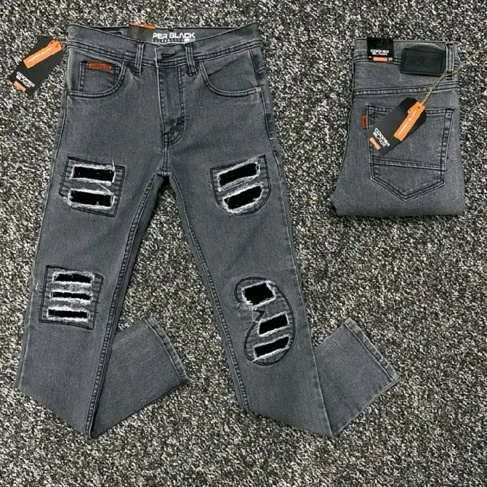 Celana Jeans Panjang Sobek Pria CB R1 Abu Grey  28-33  Denim Slimfit Stretch Distro Cowok  Dewasa