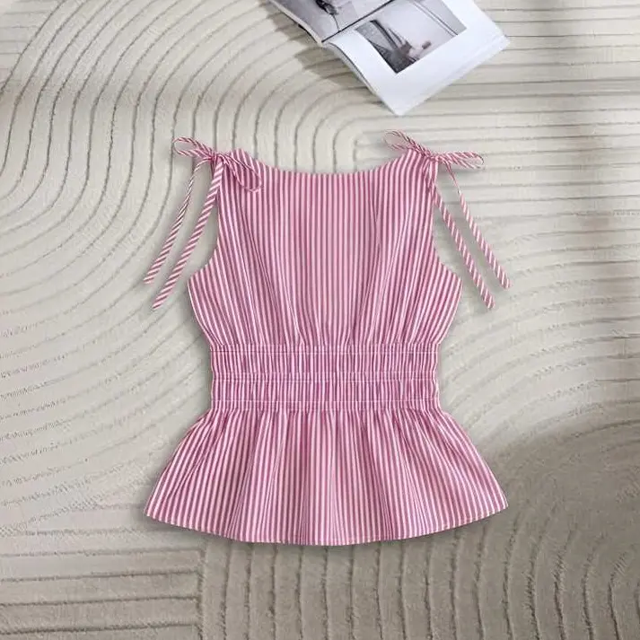 Atasan Anak Perempuan Tali Pita Bahu | Blouse Anak Bahan Katun Stripe - Trendy