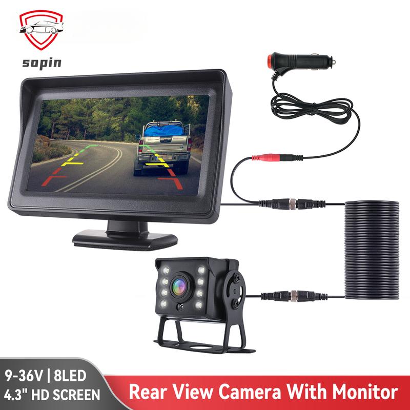 Màn hình ô tô với Camera Chiếu Hậu, dành cho xe tải và phương tiện đỗ xe, Màn hình 4,3 ", Camera phía sau, Tầm nhìn ban đêm 9-36V, Dễ dàng lắp đặt