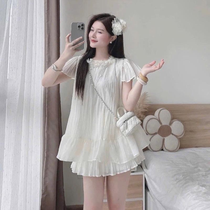 (Size48-90kg) Sét Cao Cấp Áo Chân Váy Nữ Dập Li Chất Voan Ánh Kim Cao Cấp Cổ Đính Hoa Siêu Xinh