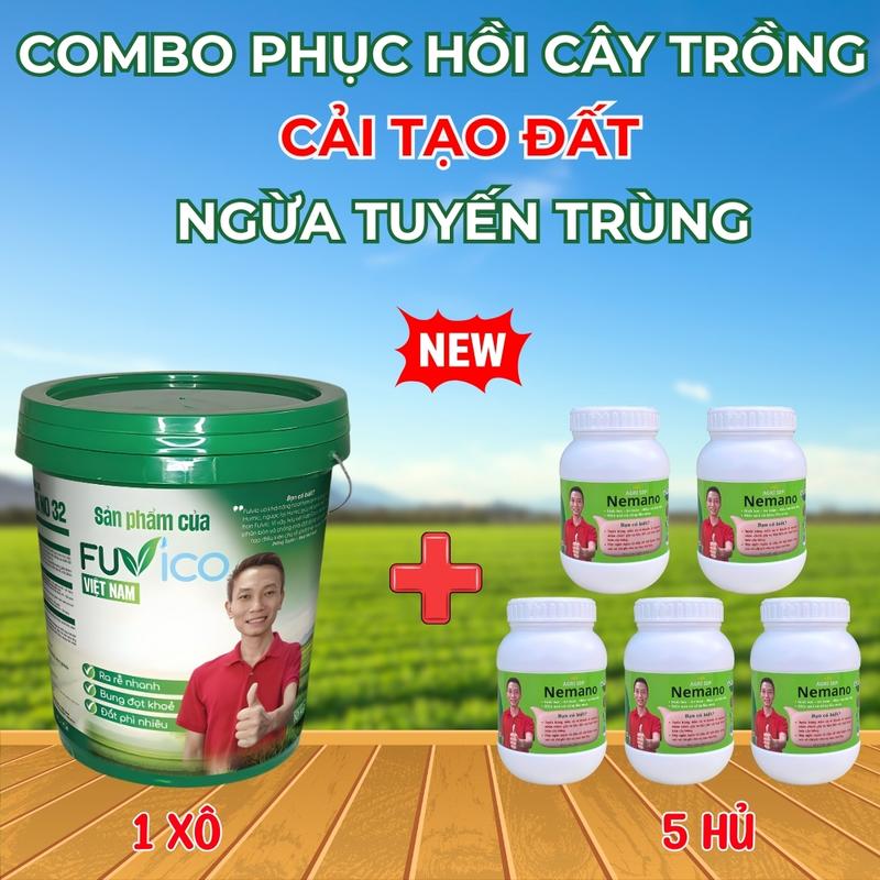 Combo Phân Bón Phục Hồi Cây Trồng Cải Tạo Đất Đối Kháng Nấm Bệnh Ngăn Ngừa Tuyến Trùng Rễ Gồm 1 Xô Fuvico Và 5 Hủ Nemano