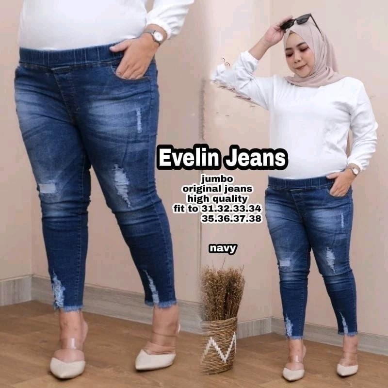 Celana Jeans Jumbo Wanita / Celana Jeans Wanita Kekinian Muat Sampai BB 100kg / EVELINE JEANS Karet 0