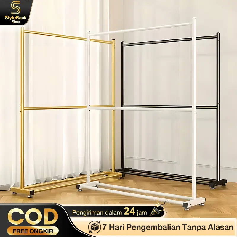 Rak Baju Gantung Berdiri 2 Susun Rak Gantungan Baju Besi Rak Baju Gawang Estetik Stand Hanger 200CM Pakaian Portable Aesthetic Anti Karat