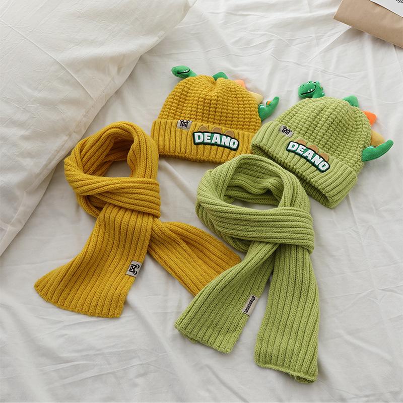 Product Introduction of 1-7Y 2Pcs Children Hat Scarf Set Cute Little Dinosaur Knitted Wool Cap Winter Warm Kids Neckerchief Boy Girl Baby Beanie 11