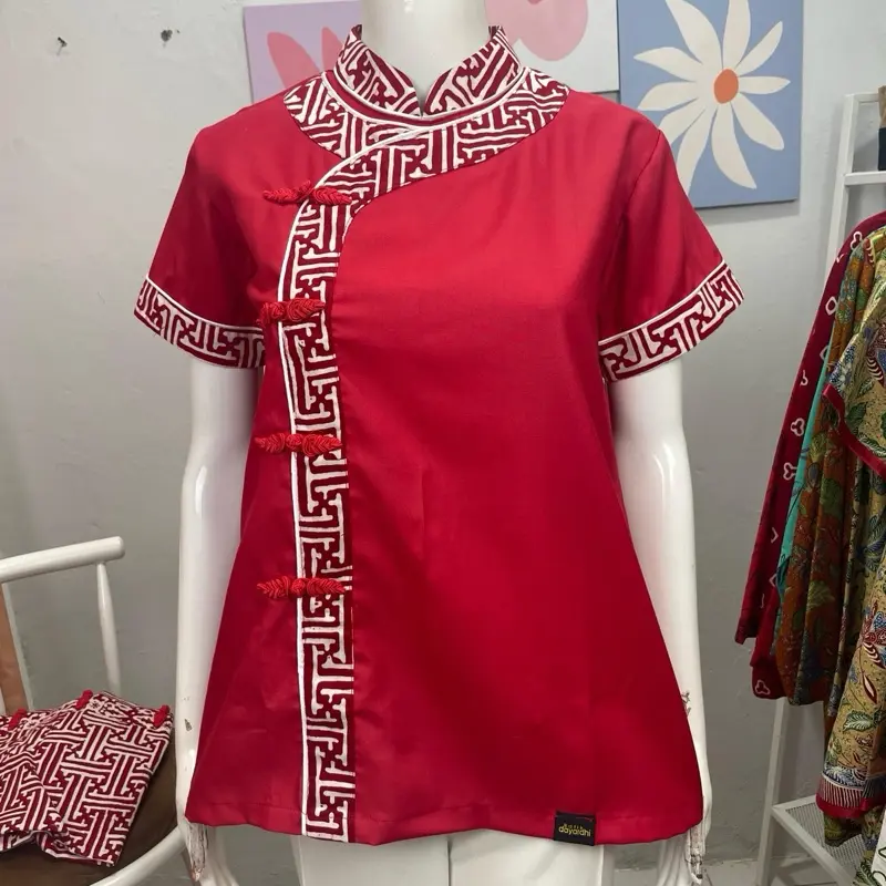 ￼Dayardhi Baju batik merah sanghai batik cheongsam merah polos Wanita Atasan Pendek Katun Dewasa 2