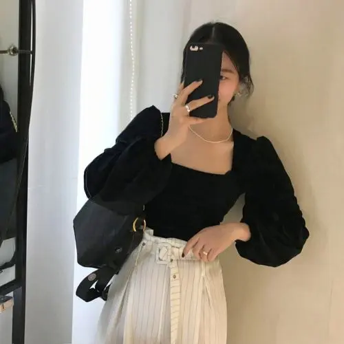 ONEFASHIONMALL SL033 Blouse Velvet Top Square Neck Long Sleeve Bluse Lengan Panjang Puff Atasan Baju Wanita 0