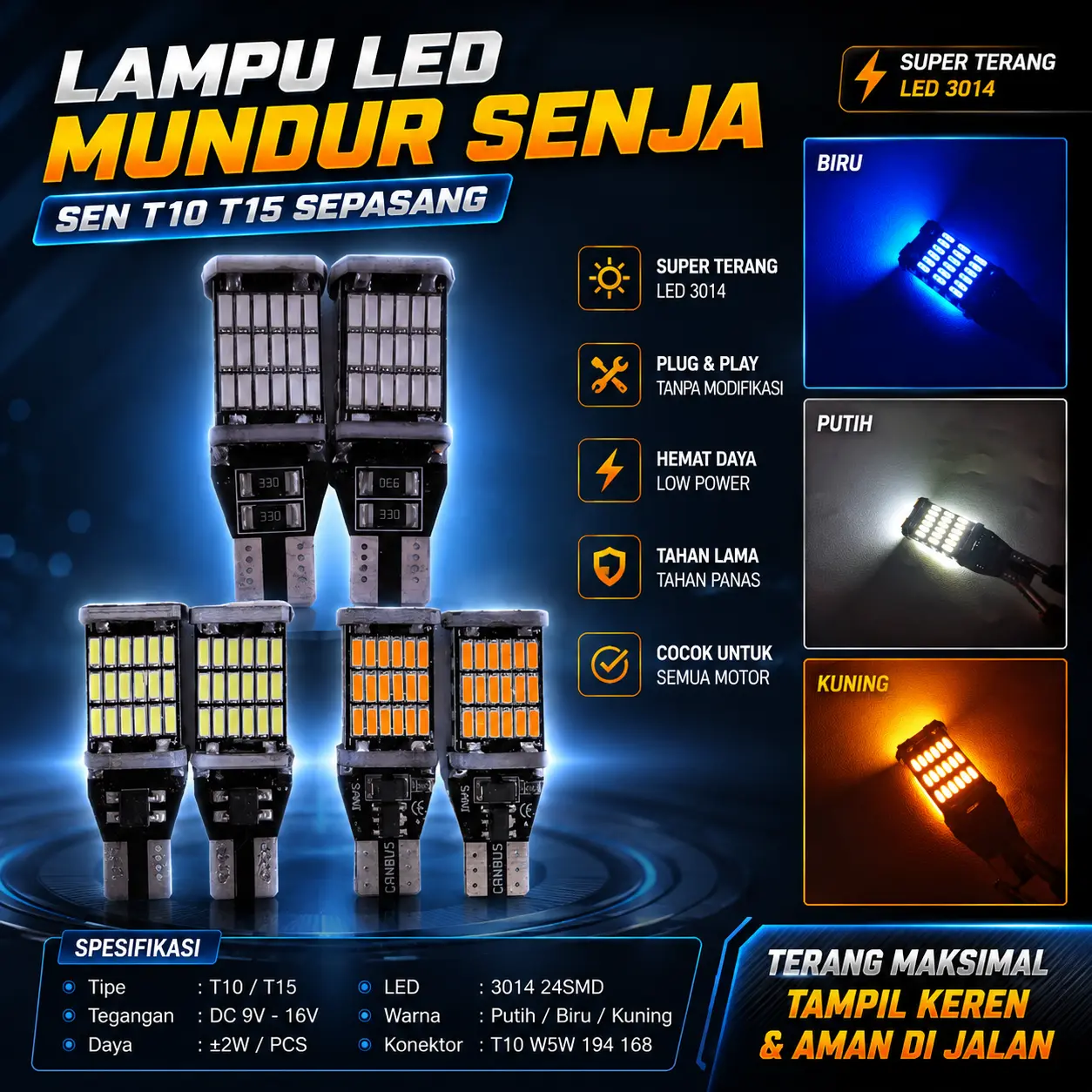 Lampu LED Sein Senja Super Terang 45Led 12-24V / Lampu Sen Senja T10 T15 Canbus 45 Led / Lampu Mundur Senja T15 T10 Super Bright 45 mata / Lampu Sen Dajjal 12v-24V Car