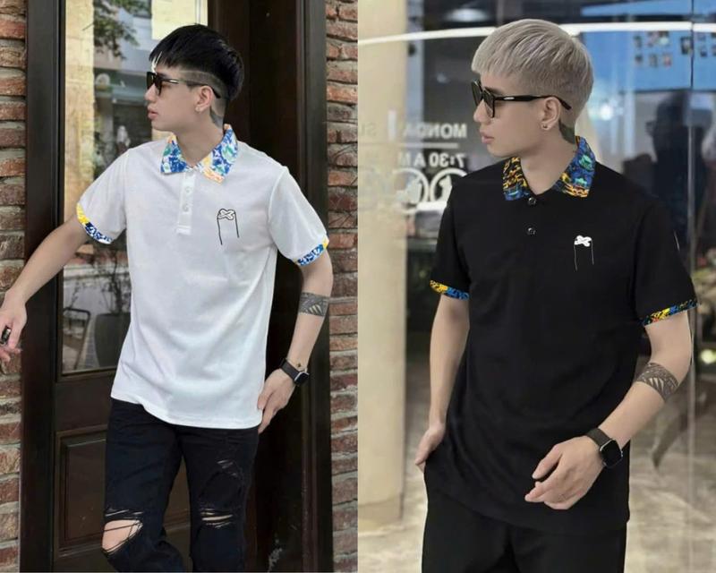 Áo polo cổ trụ nam phối thêu họa tiết boy phố dệt màu cổ áo tay áo phong cách . Chất vải polo dày dạn thoáng mát streetwear