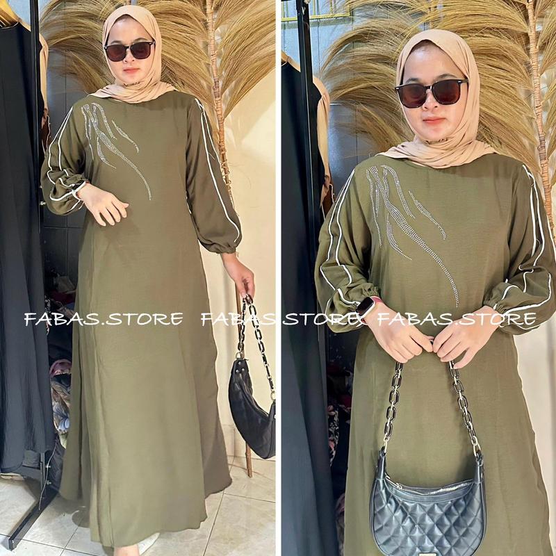 Azkya Dress  Gamis Cringkle Airflow mix Swarosky premium Wanita Muslim Kain Crinkle Flowy Nyaman Panjang Wudhu Lebaran Simple 6