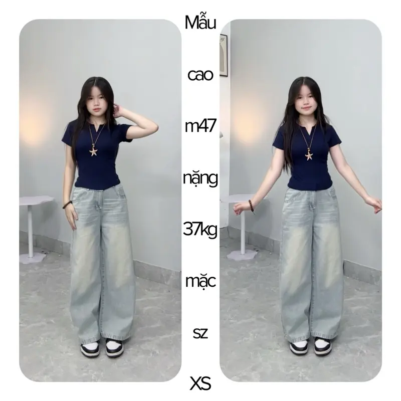 (SUÔNG RỘNG NẤM) QUẦN JEANS NỮ ỐNG RỘNG PHỐI RIA MEO MÀU XANH NHẠT