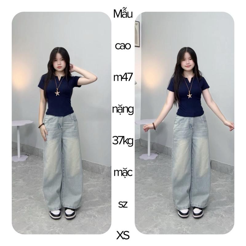 SUÔNG RỘNG NẤM QUẦN JEANS NỮ ỐNG RỘNG PHỐI RIA MEO MÀU XANH NHẠT