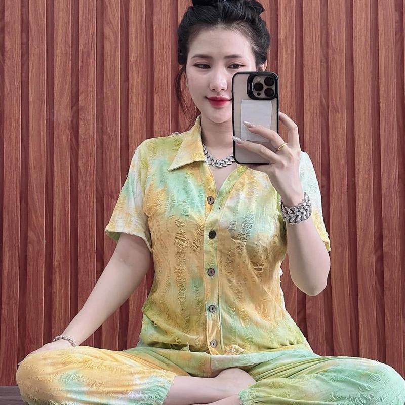 Đồ Bộ Thun rách Màu Kieu Sơ Mi tay ngắn dáng vừa quần bo dài 4