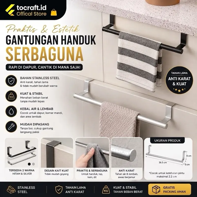 TCID Gantungan Handuk Lap Serbet Dapur Kitchen Set Cabinet Spatula Alat Dapur Stainless Steel 36 CMDimensi 36 x 5 x 2.5 cm Desain Modern & Tahan Lama - Besi